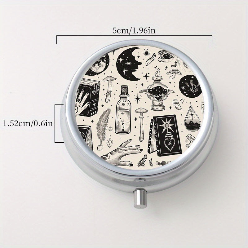 Vintage Patterned Round Pill Box with 3 Compartments
