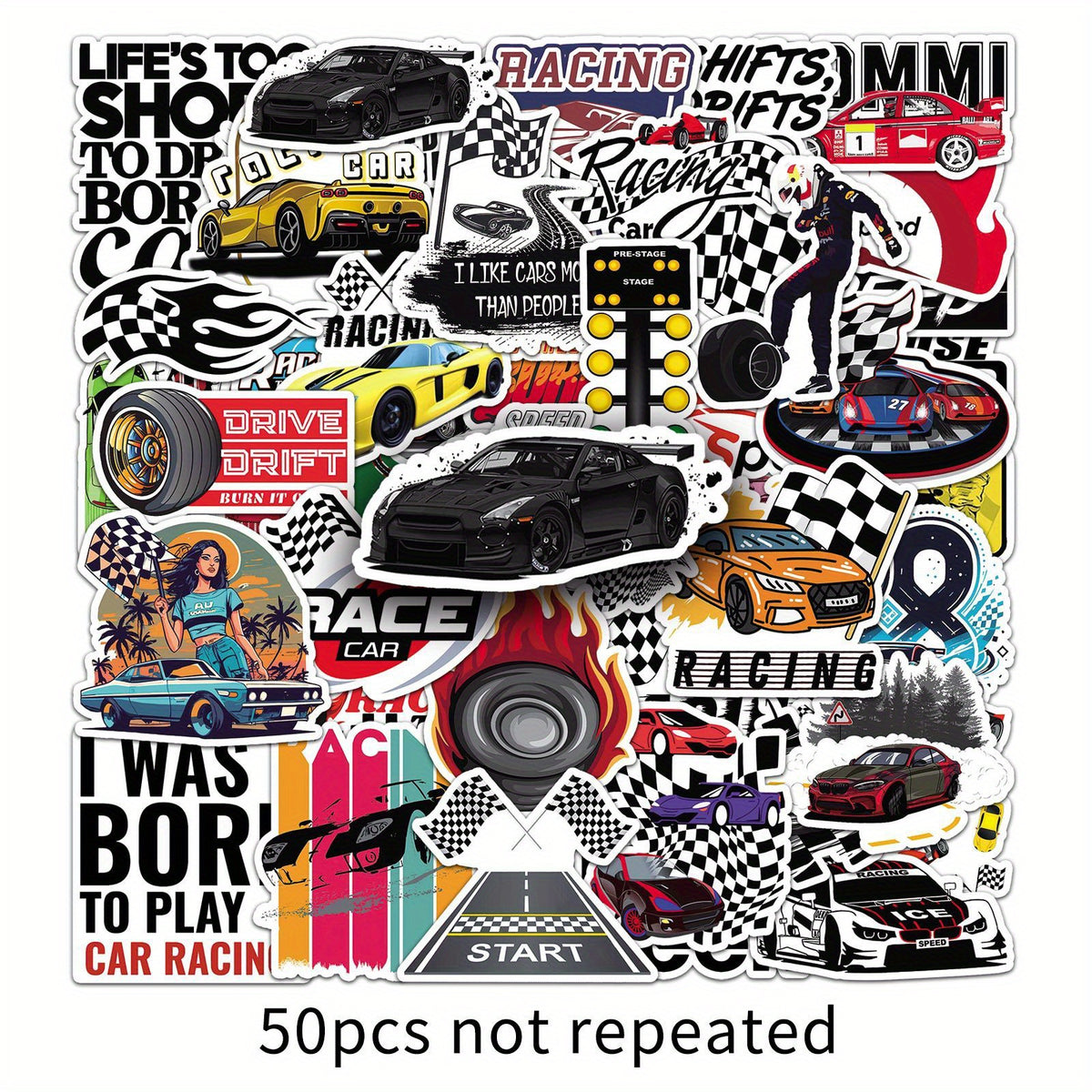 50pcs Racing Themed Sticker Pack for DIY Projects Halloween & Christmas