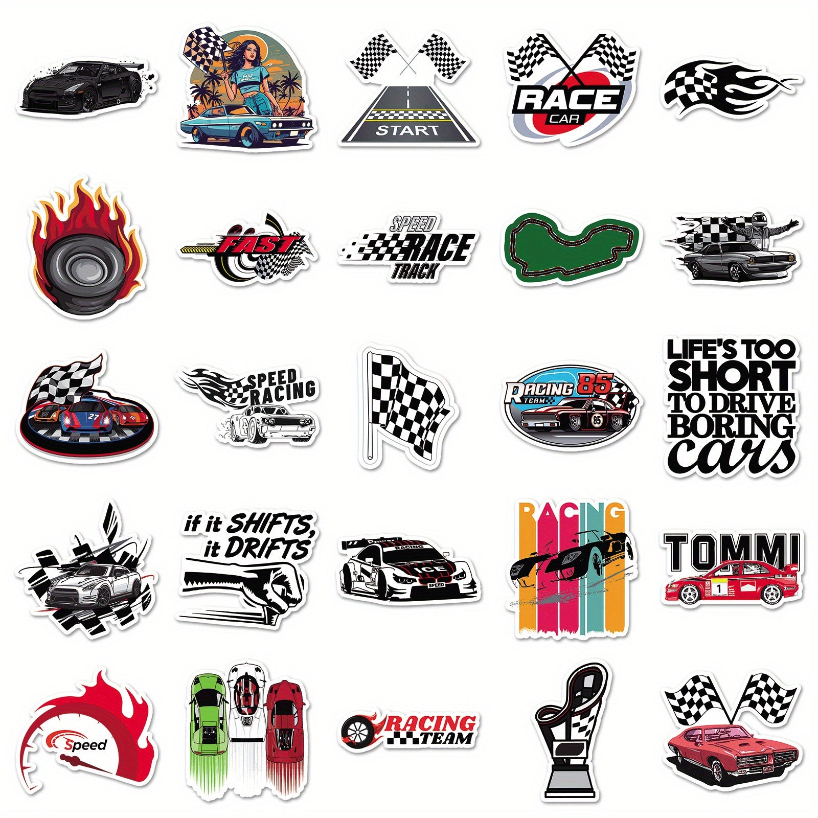 50pcs Racing Themed Sticker Pack for DIY Projects Halloween & Christmas