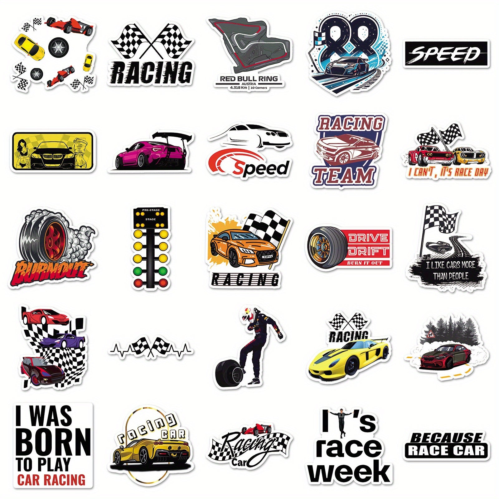 50pcs Racing Themed Sticker Pack for DIY Projects Halloween & Christmas