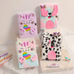 A5 Lockable Diary Journal Notebook Cat & Dog Plush Hardcover