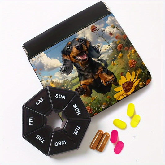 2 Pack Dog & Flower Pattern 7 Pill Organizer Boxes with Dual Layer Storage Pouch