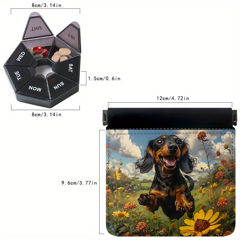 2 Pack Dog & Flower Pattern 7 Pill Organizer Boxes with Dual Layer Storage Pouch