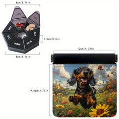 2 Pack Dog & Flower Pattern 7 Pill Organizer Boxes with Dual Layer Storage Pouch