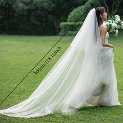 Long Cathedral Wedding Veil with Comb Soft Yarn Polyester Baroque Style