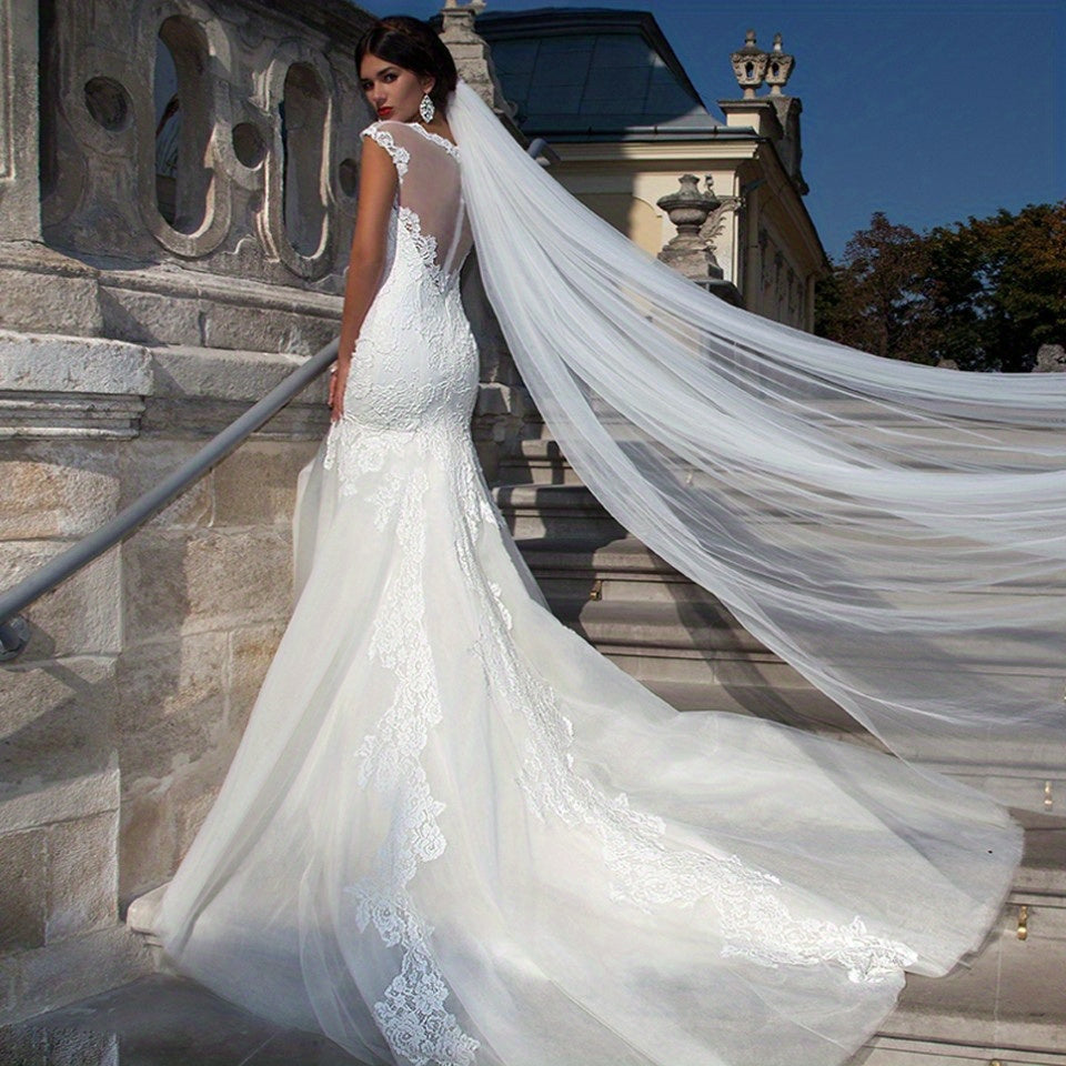 Long Cathedral Wedding Veil with Comb Soft Yarn Polyester Baroque Style