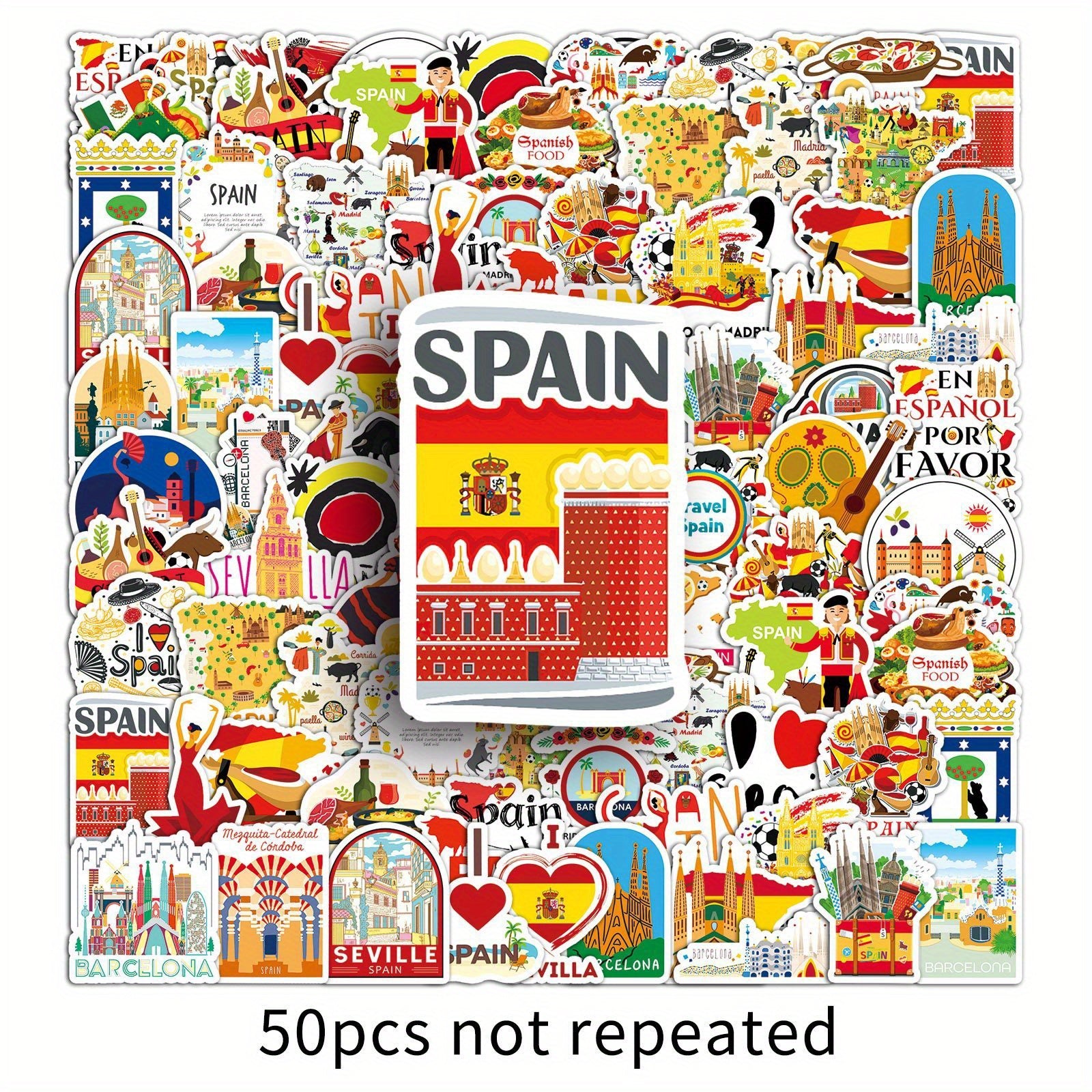 50pcs Spain Travel Vinyl Stickers Set for Adults Reusable Decals