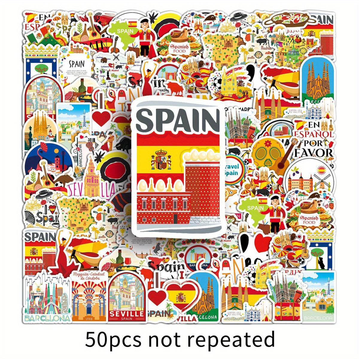 50pcs Spain Travel Vinyl Stickers Set for Adults Reusable Decals