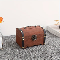 Vintage Brown Wooden Chest Bank with Lock and Handle