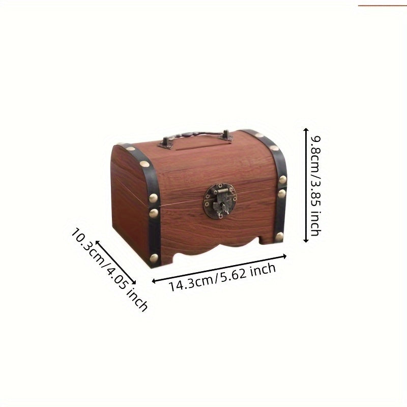 Vintage Brown Wooden Chest Bank with Lock and Handle