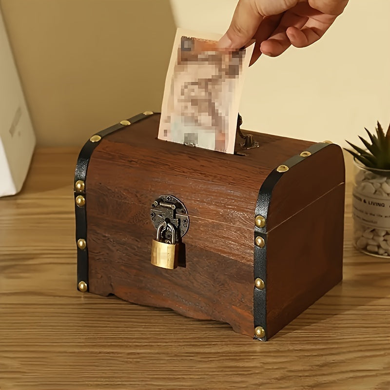 Vintage Brown Wooden Chest Bank with Lock and Handle