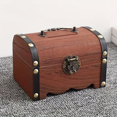 Vintage Brown Wooden Chest Bank with Lock and Handle