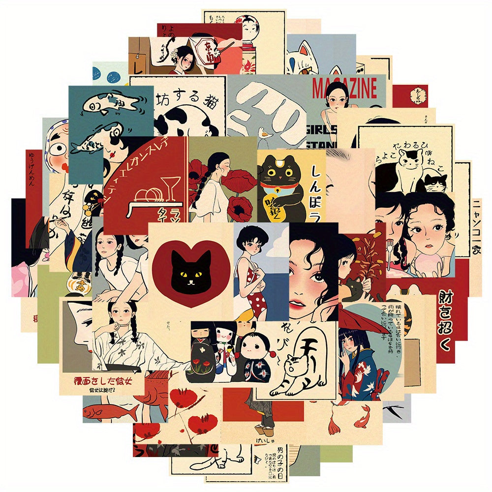 50pcs Japanese Retro Graffiti Stickers for DIY Art on Laptops, Water Bottles
