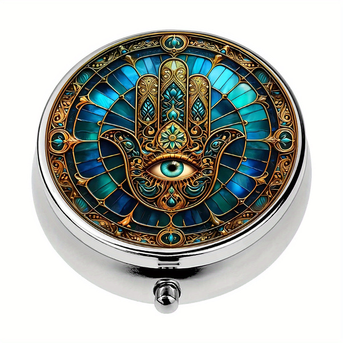 Mystical Hamsa Hand & Evil Eye Pill Box 3 Compartment Metal Medicine Organizer