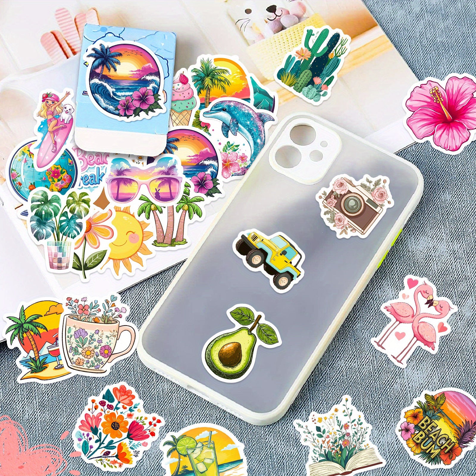 50 Beach Themed Vinyl Stickers - Waterproof & Reusable for Laptops, Water Bot