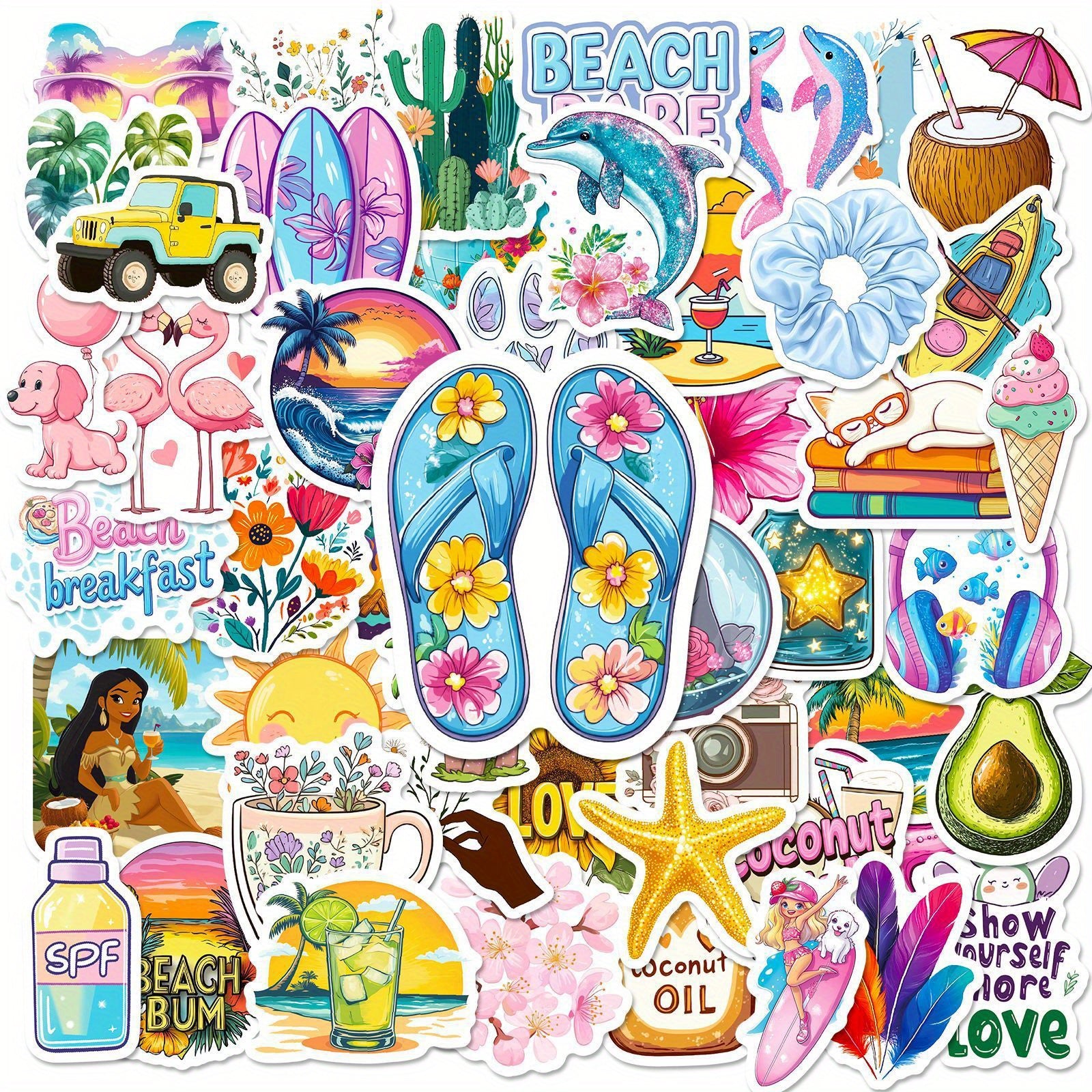50 Beach Themed Vinyl Stickers - Waterproof & Reusable for Laptops, Water Bot