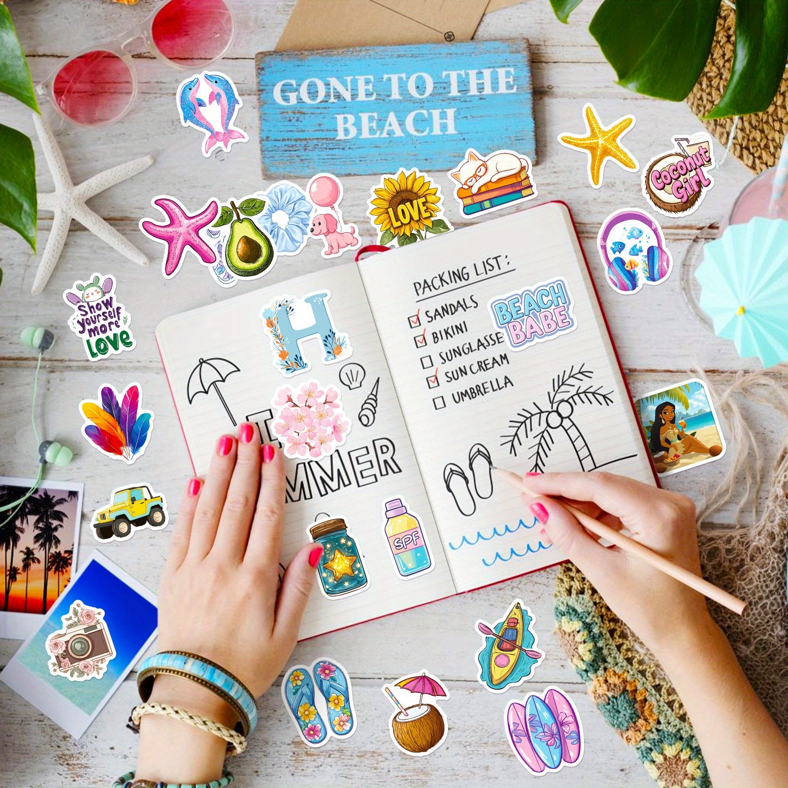 50 Beach Themed Vinyl Stickers - Waterproof & Reusable for Laptops, Water Bot