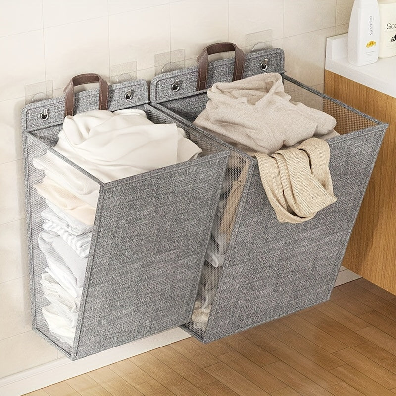 Foldable Laundry Basket Wall Mounted Organizer Gray Polyester Adjustable Strap