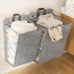 Foldable Laundry Basket Wall Mounted Organizer Gray Polyester Adjustable Strap