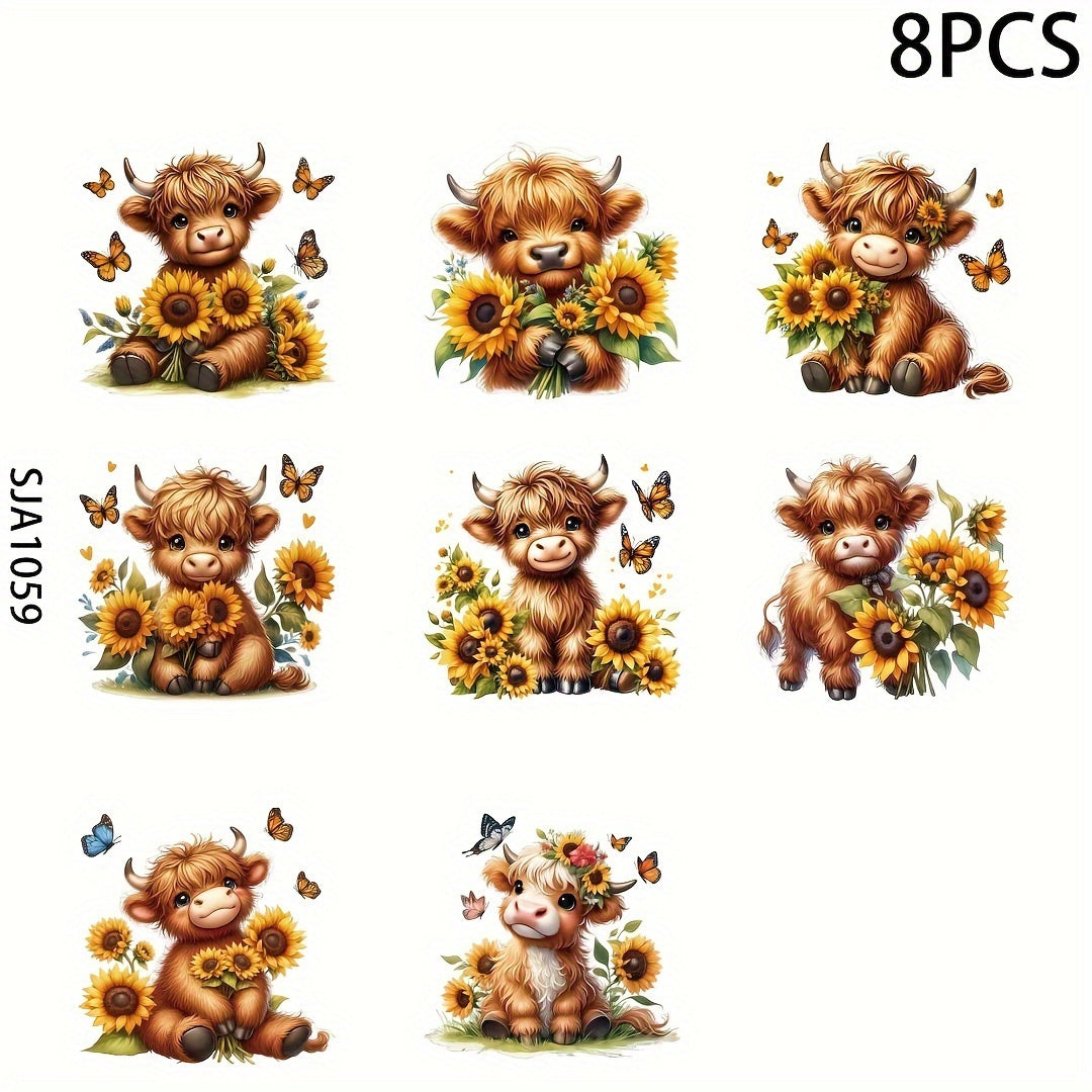 8pcs Highland Cow & Sunflower Vinyl Stickers Waterproof UV Scratch Pro
