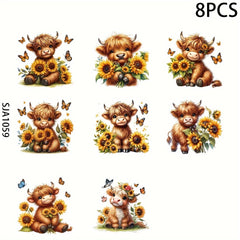 8pcs Highland Cow & Sunflower Vinyl Stickers Waterproof UV Scratch Pro