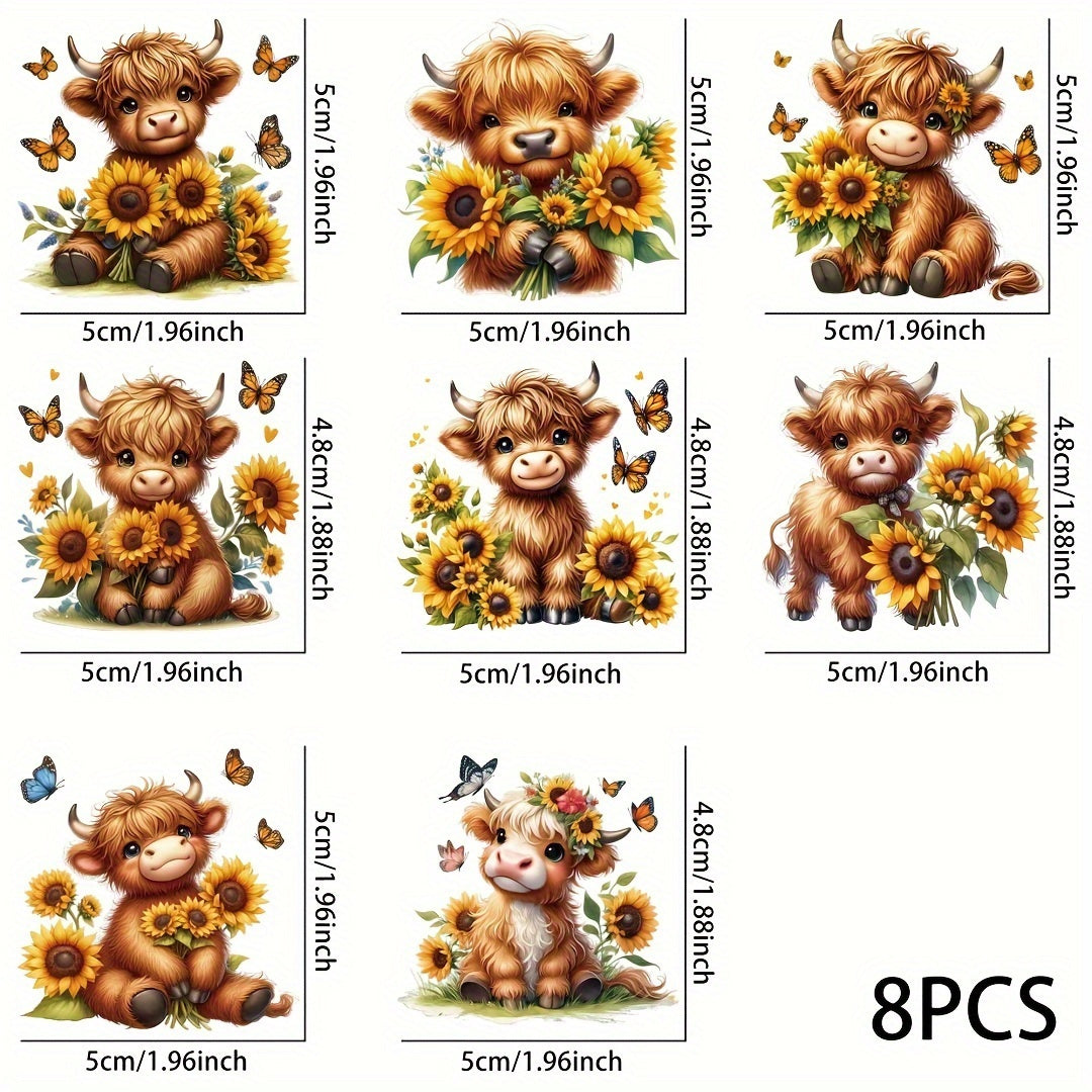 8pcs Highland Cow & Sunflower Vinyl Stickers Waterproof UV Scratch Pro