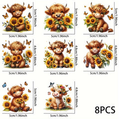 8pcs Highland Cow & Sunflower Vinyl Stickers Waterproof UV Scratch Pro