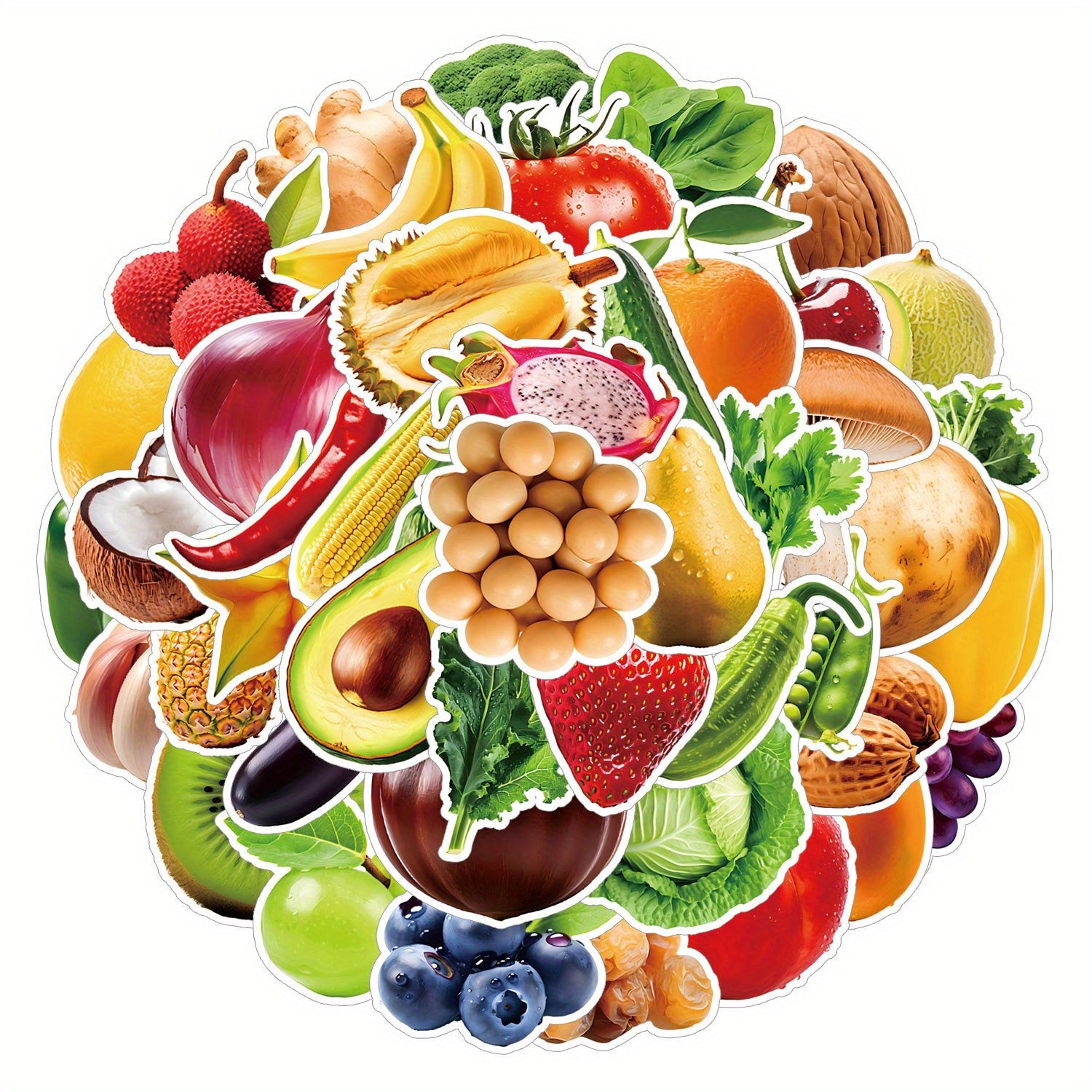 50pcs Fruit & Veggie Vinyl Stickers for Laptops Water Bottles