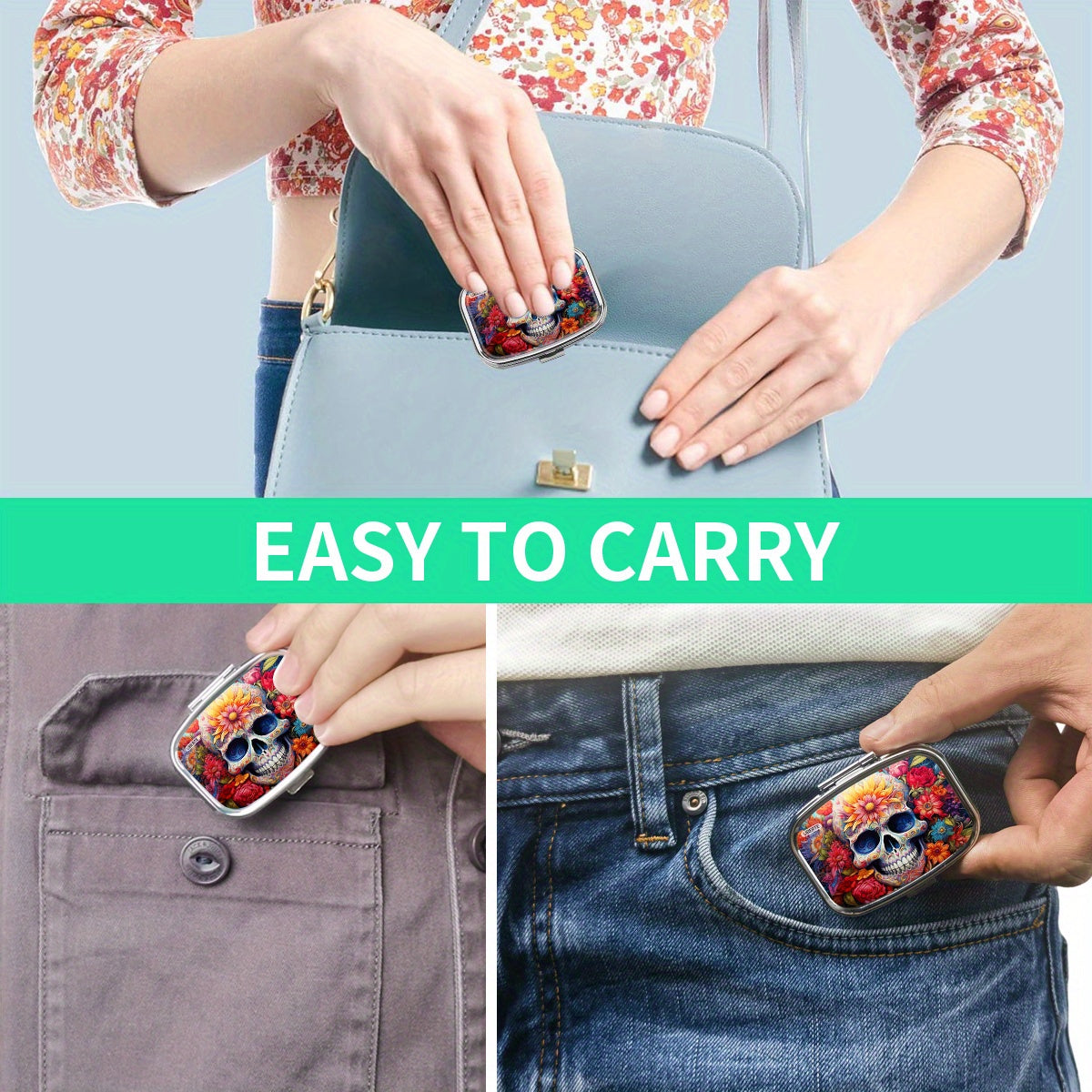 Skull Pattern Metal Case Medication Organizer 2 Compartment Mini Storage Box