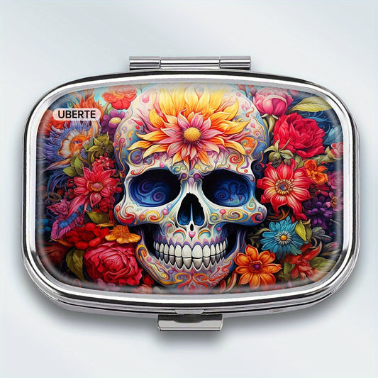 Skull Pattern Metal Case Medication Organizer 2 Compartment Mini Storage Box