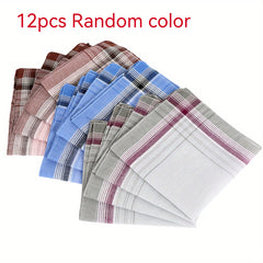 12pcs Men's Polyester Handkerchiefs Striped Checked Brown Pink Gray Soft