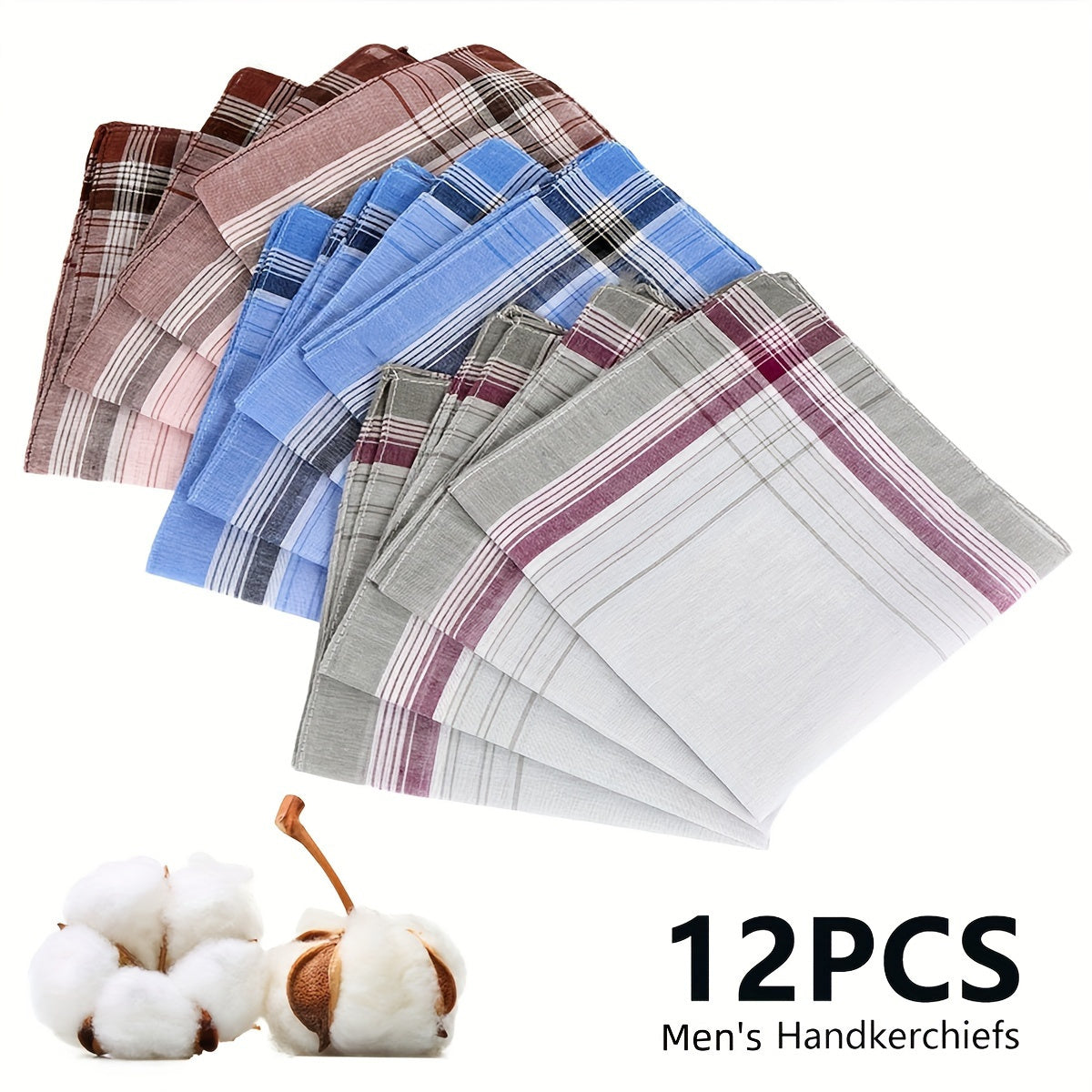 12pcs Men's Polyester Handkerchiefs Striped Checked Brown Pink Gray Soft