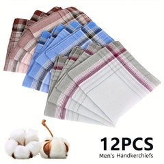 12pcs Men's Polyester Handkerchiefs Striped Checked Brown Pink Gray Soft