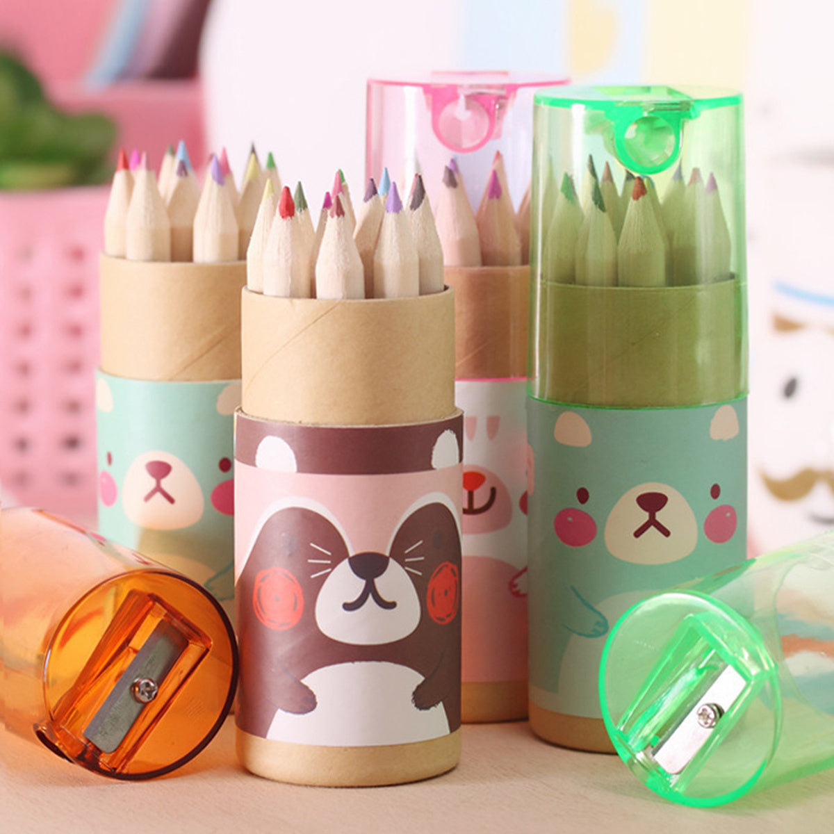 Bear Pencils Creative Stationery 8 Colored Pencils Long with Cover And Sharpener