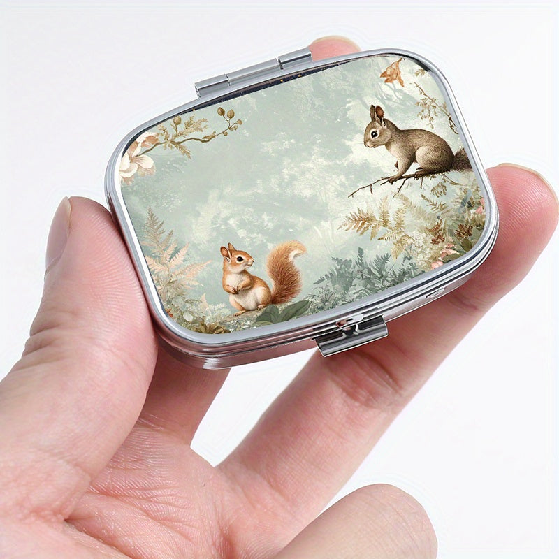Squirrel Flower Print Square Medicine Box Two Compartment Pill Box