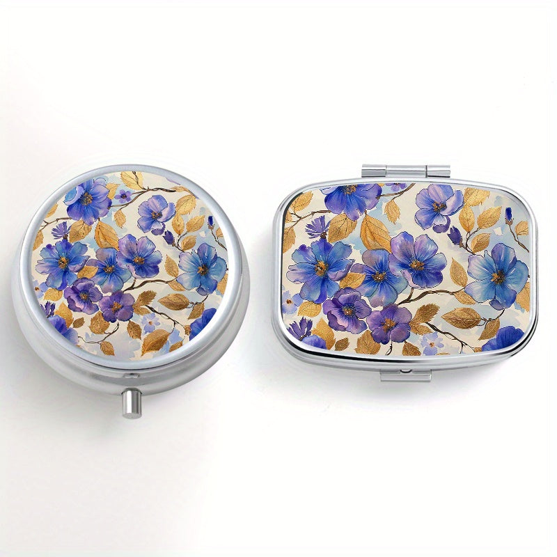 Golden Leaf Flower Pattern Printed Pill Box Set - Portable Medicine Organizer