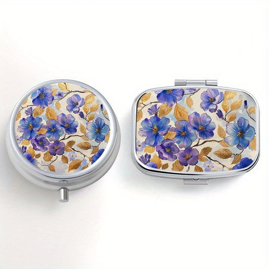 Golden Leaf Flower Pattern Printed Pill Box Set - Portable Medicine Organizer