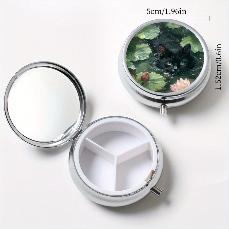 2pcss Cat Pattern Pill Box Set Round & Square Mini Portable Medicine Box