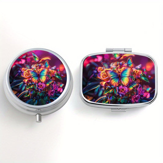Set of 2 Butterfly Pattern Pill Boxes, Round & Square Compartments