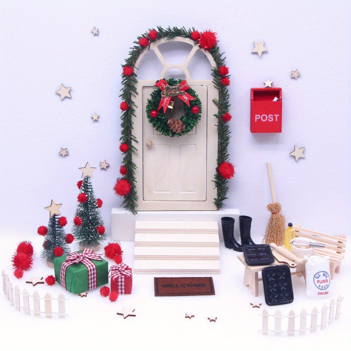 Elf Door Christmas Decor Flower Vine Wreath Mini Tree Gift Boxes