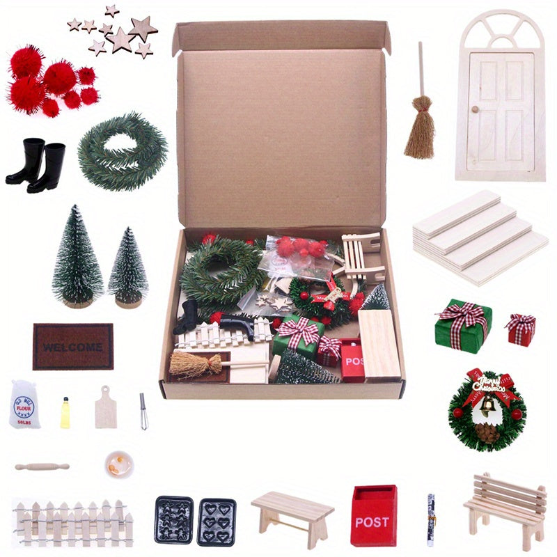 Elf Door Christmas Decor Flower Vine Wreath Mini Tree Gift Boxes