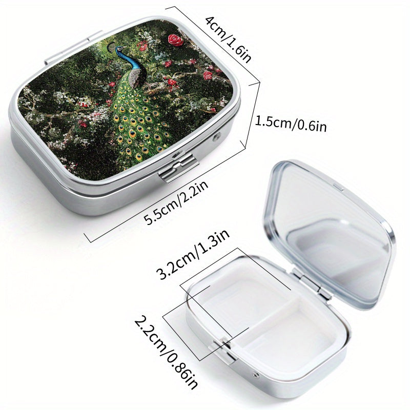 Peacock Pattern Pill Box Set - Round & Square, Portable Medicine