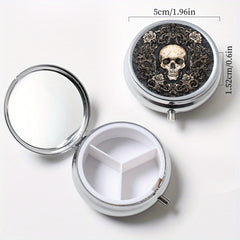 Gothic Skull Print Pill Organizer Set 3 Compartment Round Box 2 Compartment