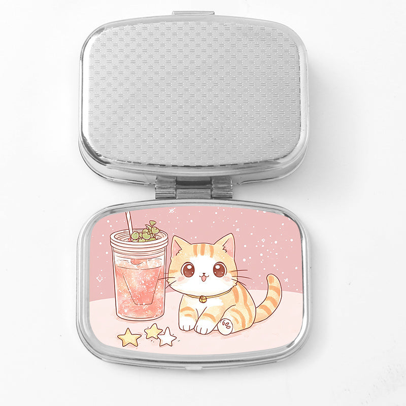 Cat Print Drink Square Pill Box Dual Compartment Metal Medicine Case