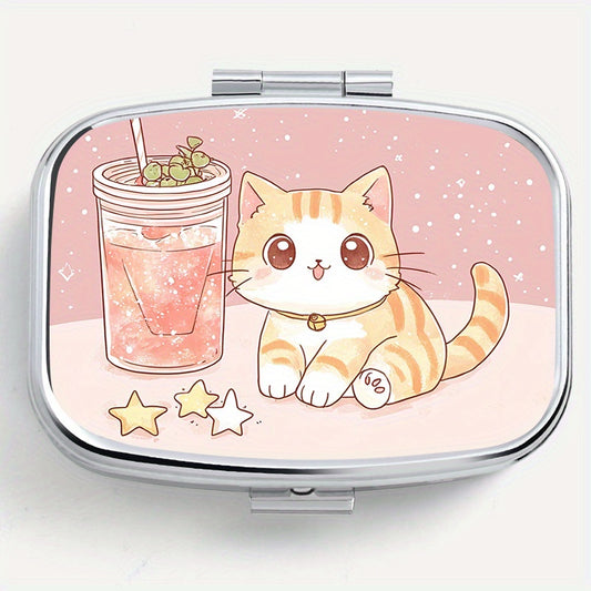Cat Print Drink Square Pill Box Dual Compartment Metal Medicine Case