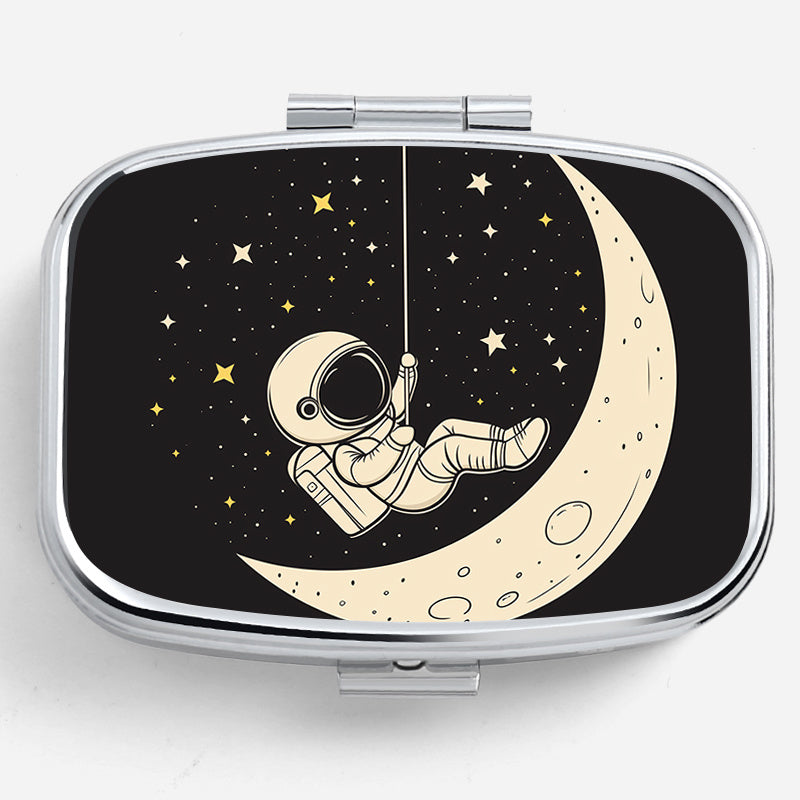 Moon Print Pill Organizer Compact 2 Compartment Metal Case