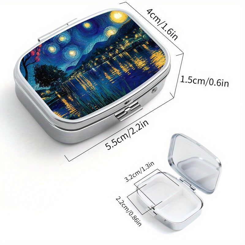 Van Gogh Starry Night Pill Box 2 Compartment Compact Metal Medicine Case