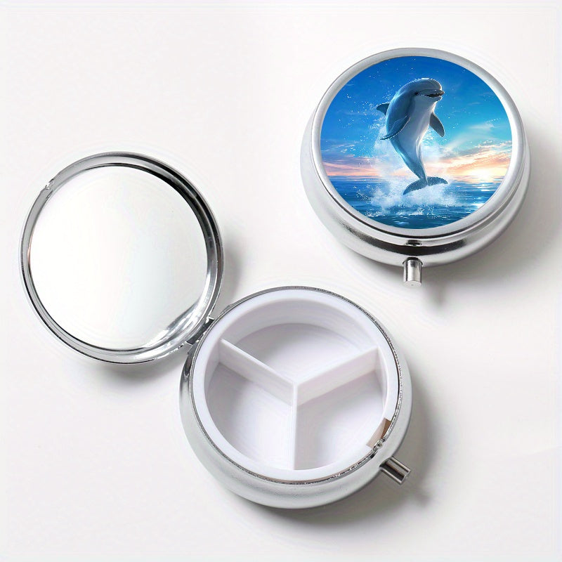 Dolphin Pattern Round Medicine Box 3 Compartment Pill Box