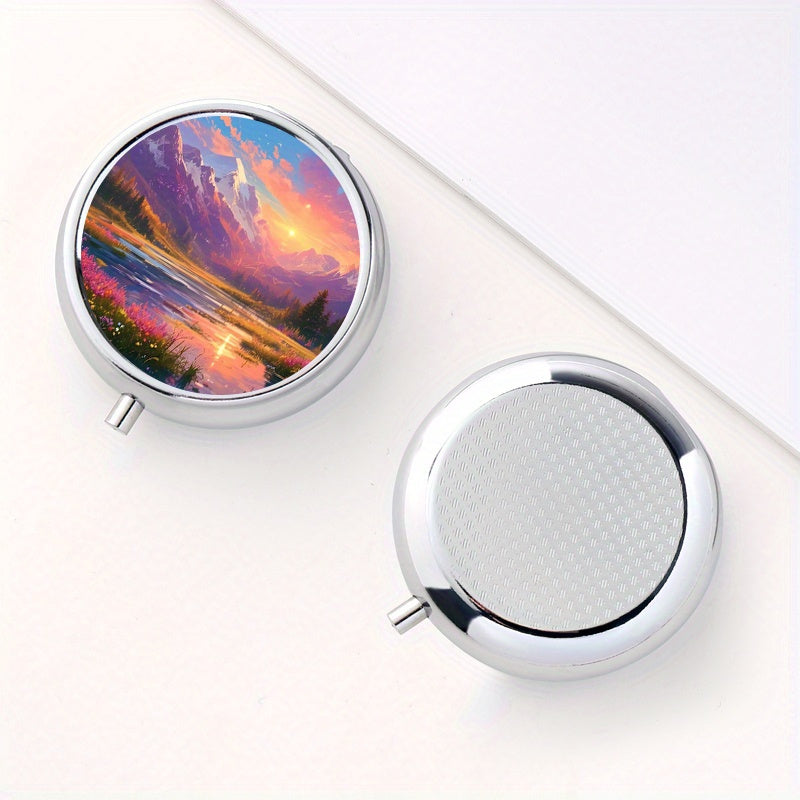 Snow Mountain Round Pill Box 3 Compartment Mini Portable Travel Outdoor Sports