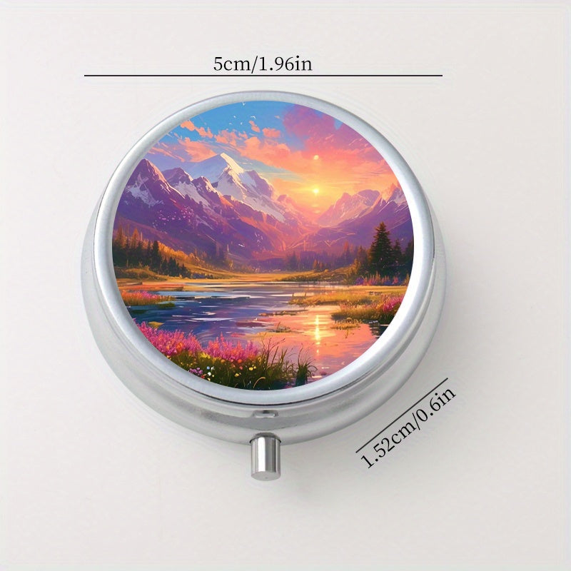 Snow Mountain Round Pill Box 3 Compartment Mini Portable Travel Outdoor Sports